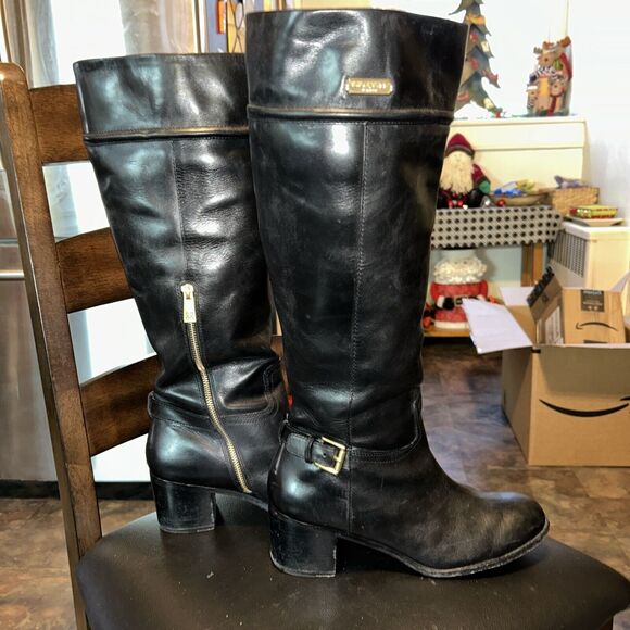Coach Stacy Black Riding Equestrian Boots Size 10B Buckles Zipper Gold - Picture 1 of 10